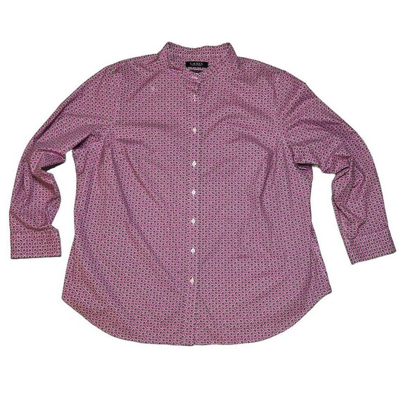 Lauren Ralph Lauren Pink Stretch Non Iron‎ Button Up Blouse Band Collar XL - Picture 7 of 11